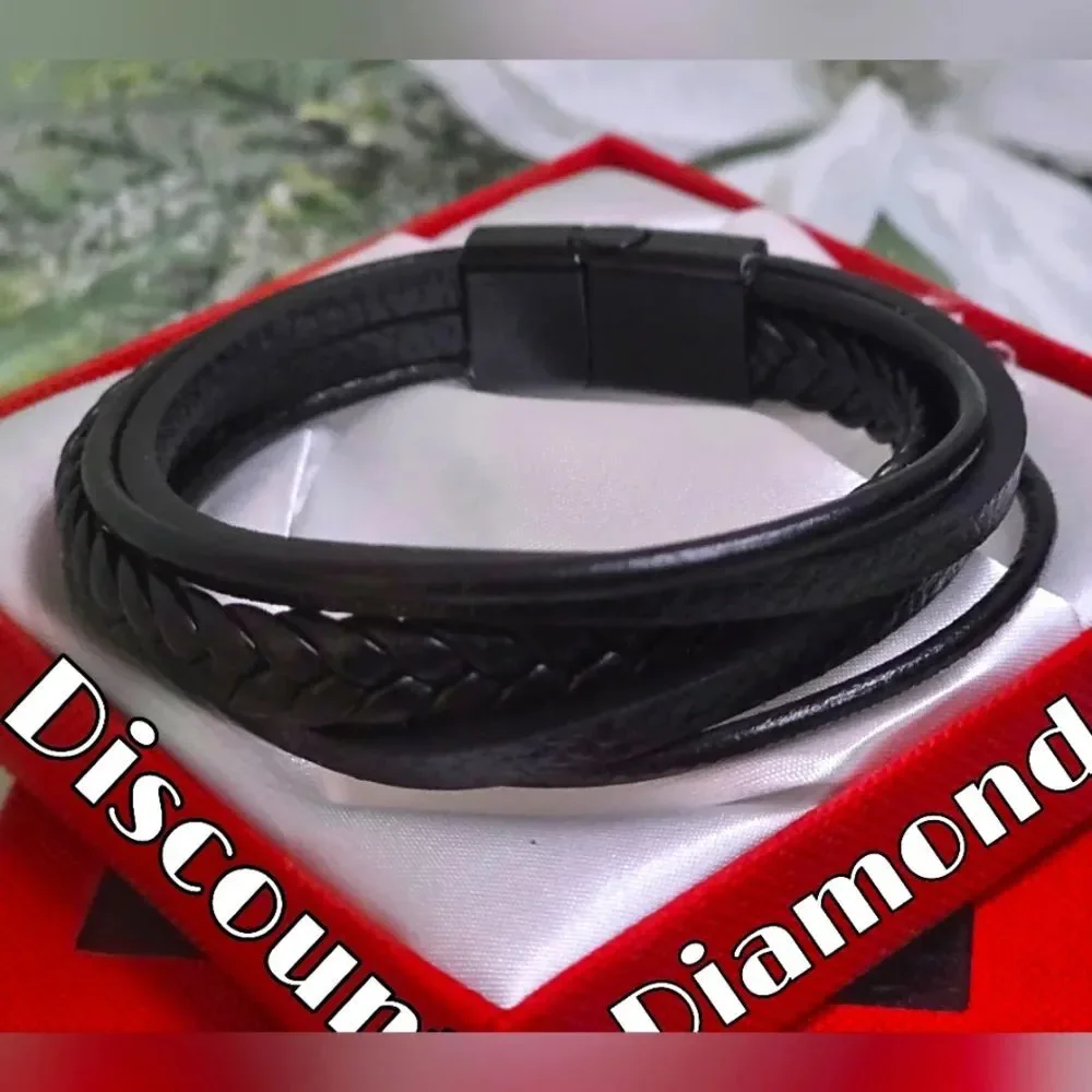 Black Genuine Braided Leather & Black Titanium Magnetic Closure